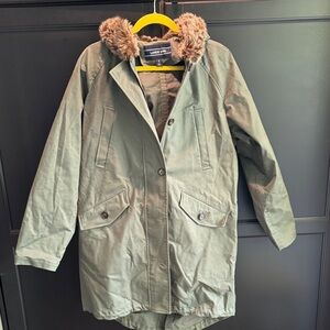 Lands' End Olive Utility Jacket with Faux Fur Hood